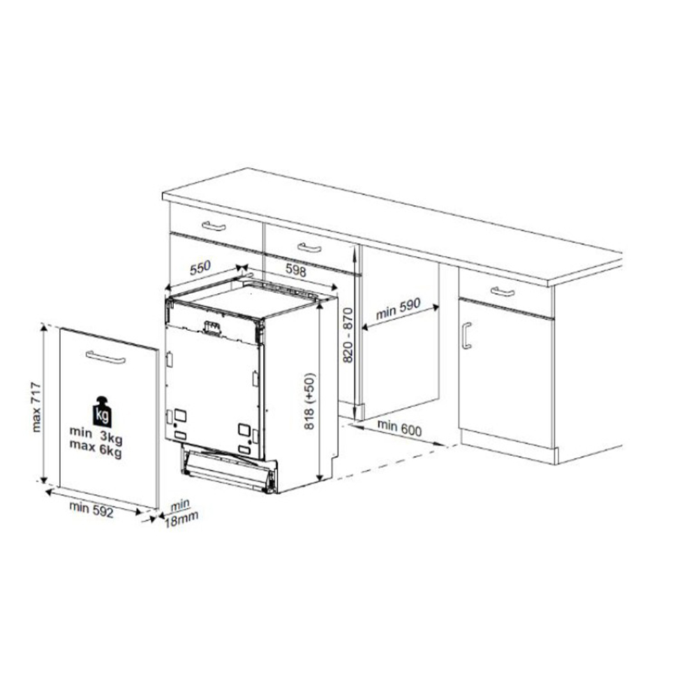 Dibujo técnico de un lavavajillas con dimensiones, instalado en una cocina.