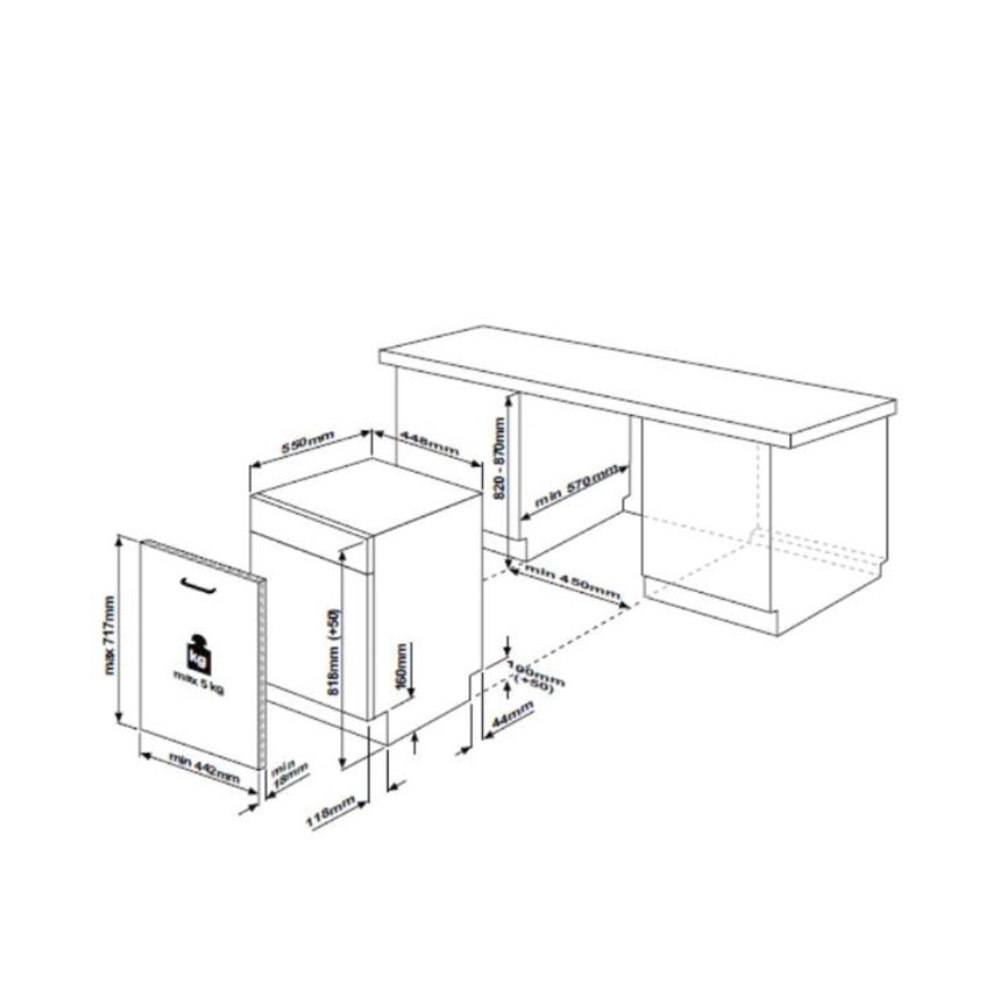 Dibujo técnico de un lavavajillas con dimensiones y medidas de instalación.