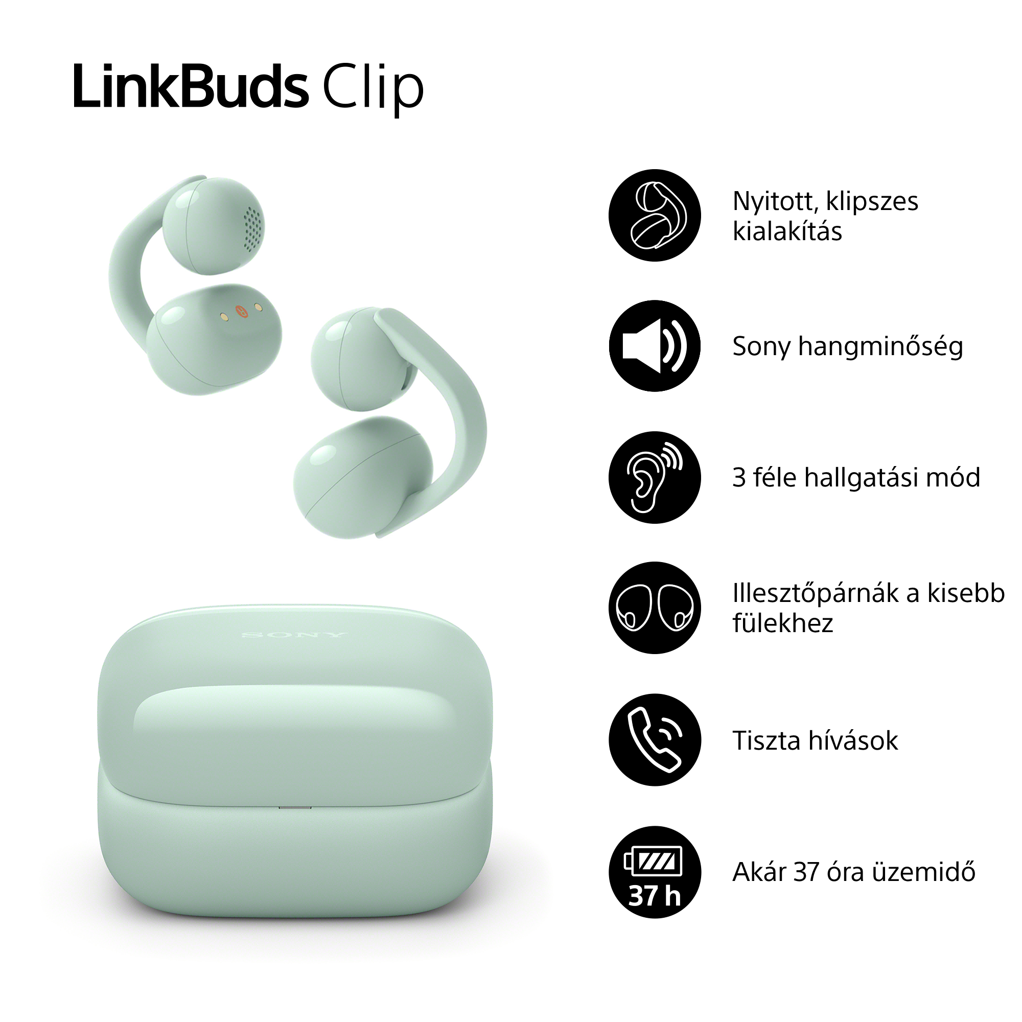 LinkBuds Clip: Világoszöld fülhallgatók és töltőtok, ikonokkal a nyitott dizájnhoz, hangzáshoz, módokhoz, illeszkedéshez, hívásokhoz.