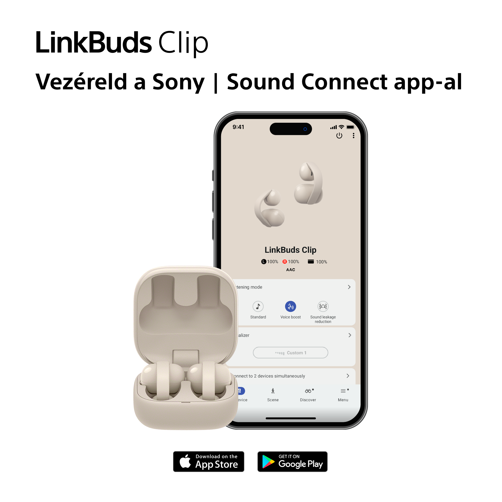 LinkBuds Clip fülhallgató töltőtokban és app nézet okostelefonon.