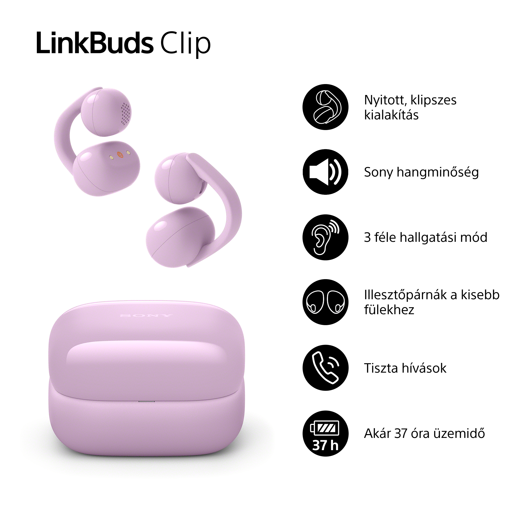 Levendula színű Sony LinkBuds Clip töltőtokkal és funkció ikonokkal.