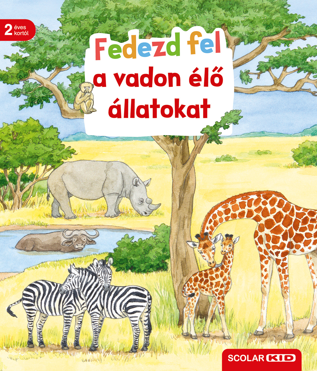 Szavanna tájkép orrszarvúval, bivallyal, zebrákkal és zsiráfokkal.