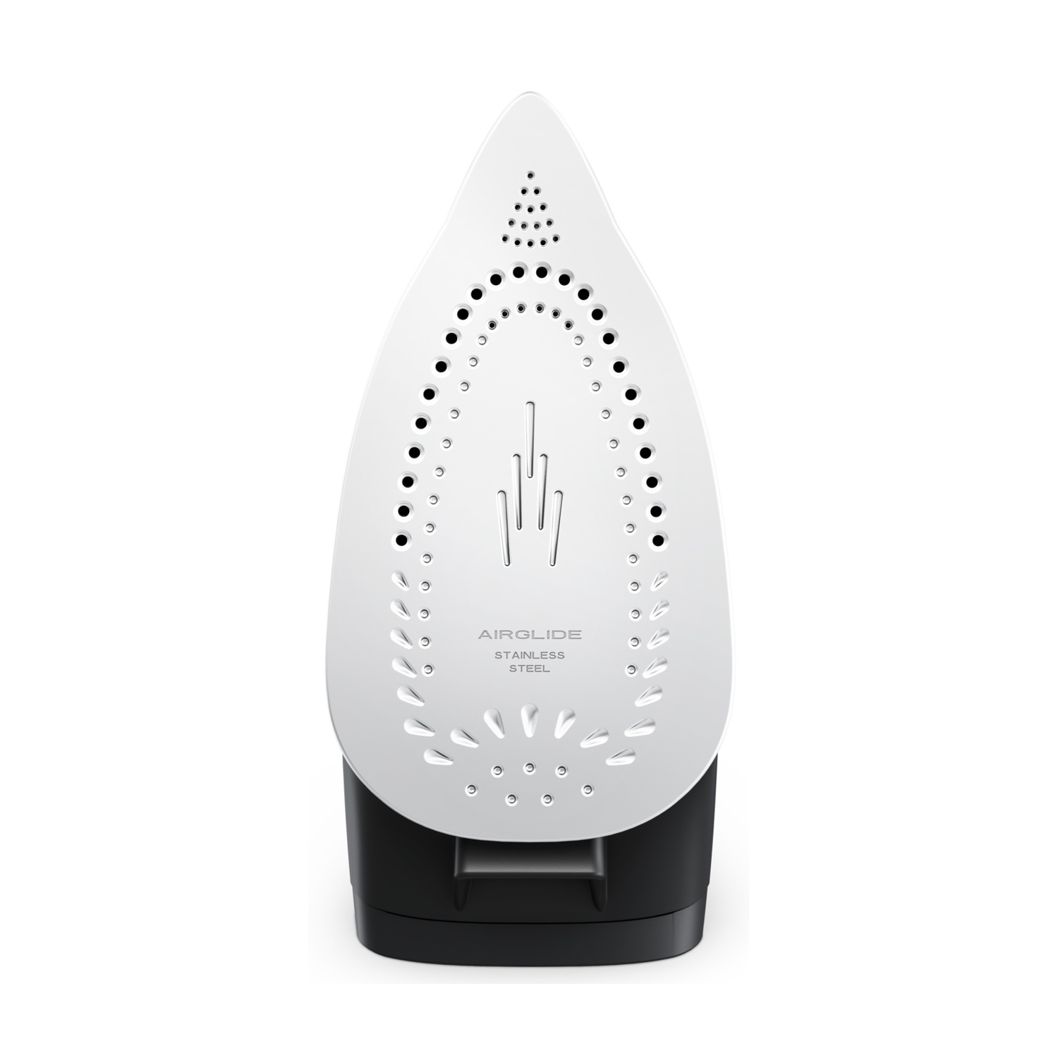 La suola di un ferro da stiro con fori per il vapore e la scritta Airglide Stainless Steel.