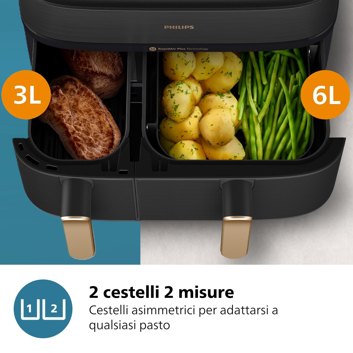 Una friggitrice ad aria Philips nera con due cestelli, pieni di carne e patate.