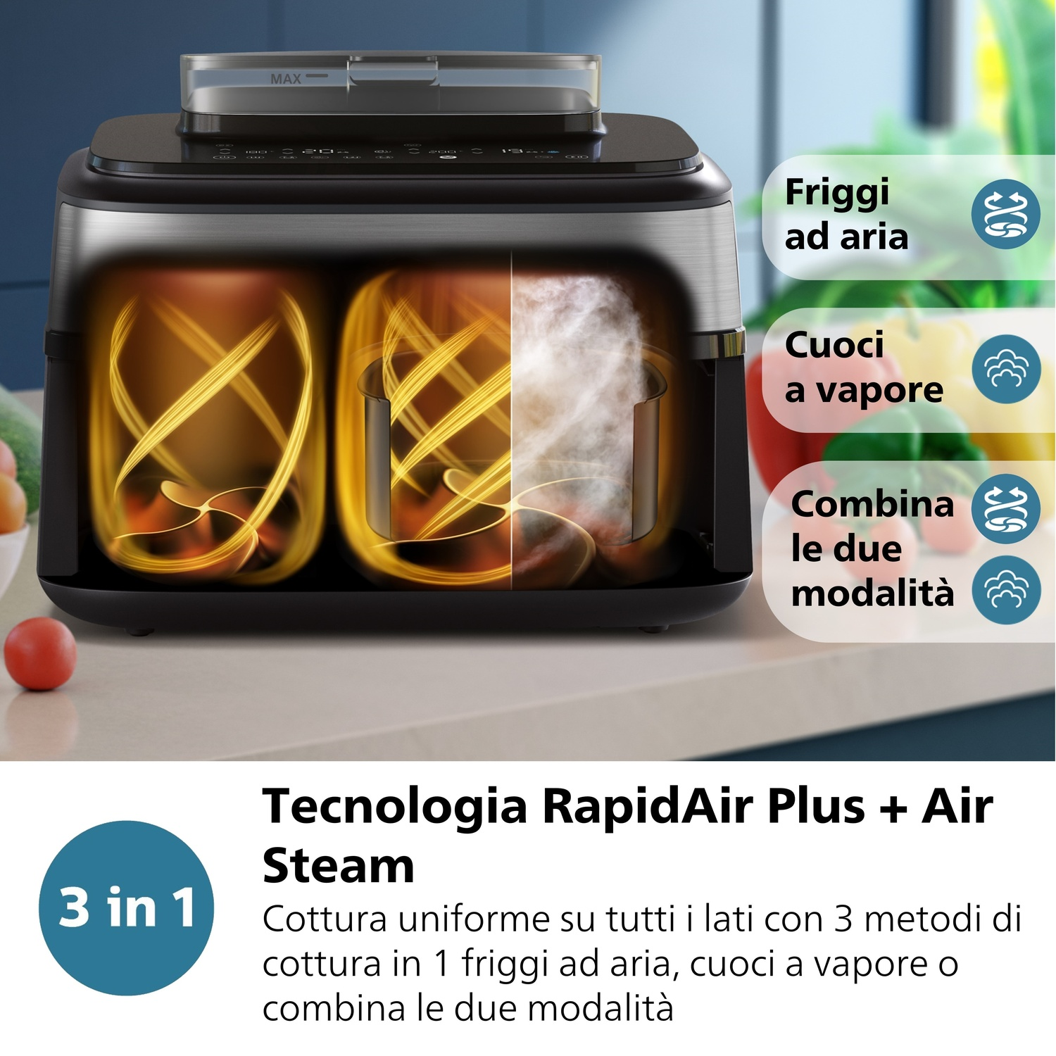 Una friggitrice ad aria 3 in 1 con funzione vapore: frigge, cuoce a vapore o combina le due modalità.