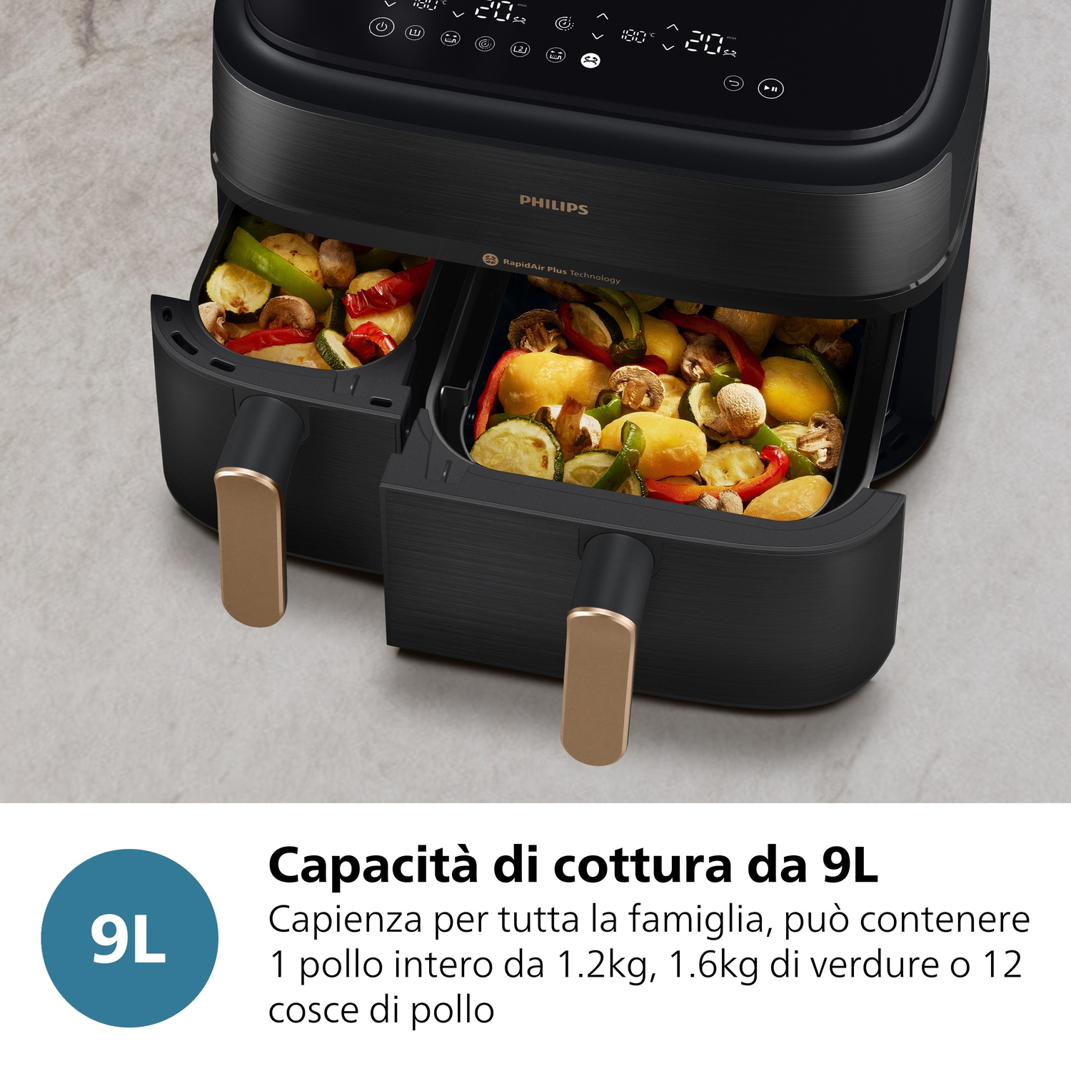 Una friggitrice ad aria nera con due cassetti pieni di verdure e funghi.