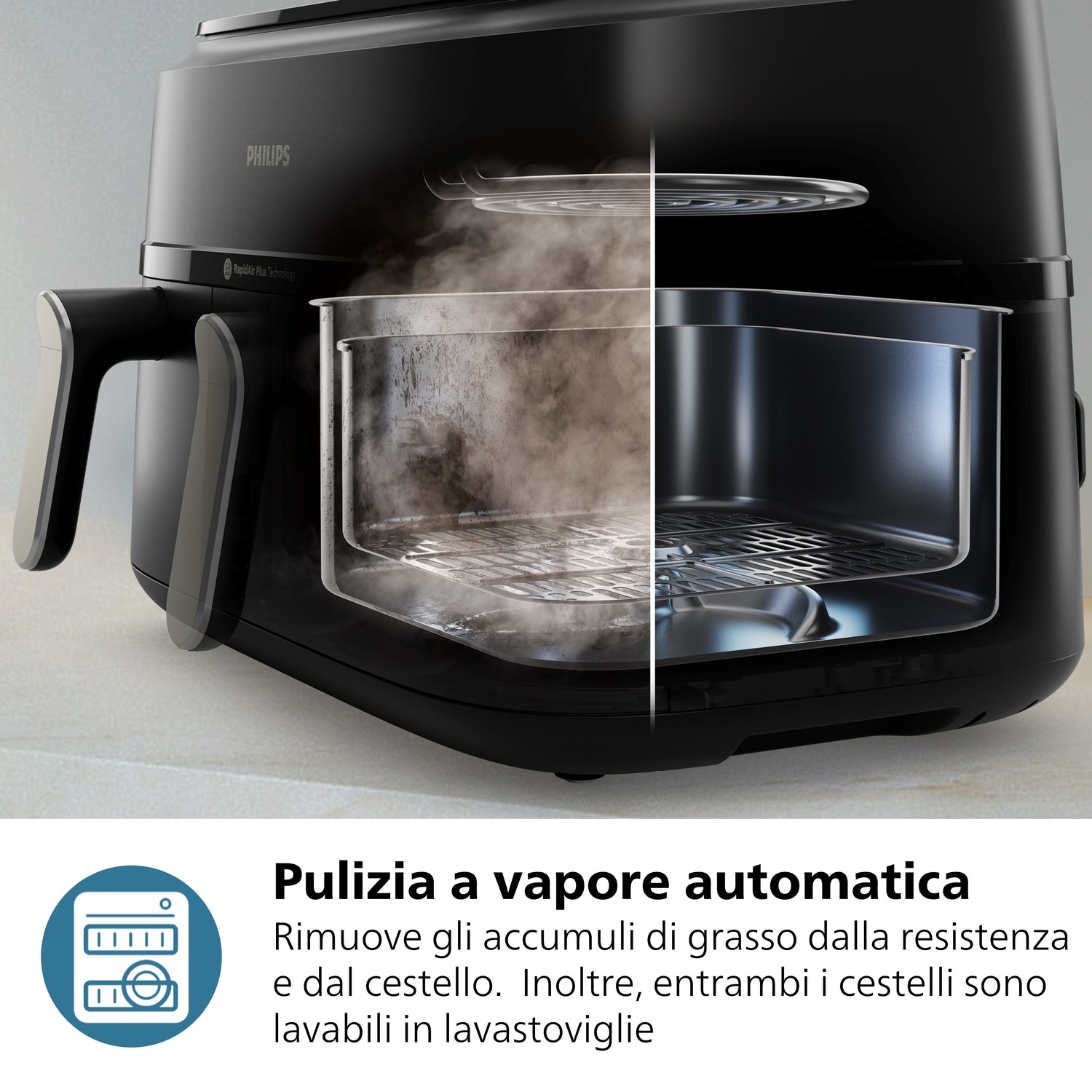 Una friggitrice ad aria Philips nera con vapore che sale dall'interno.