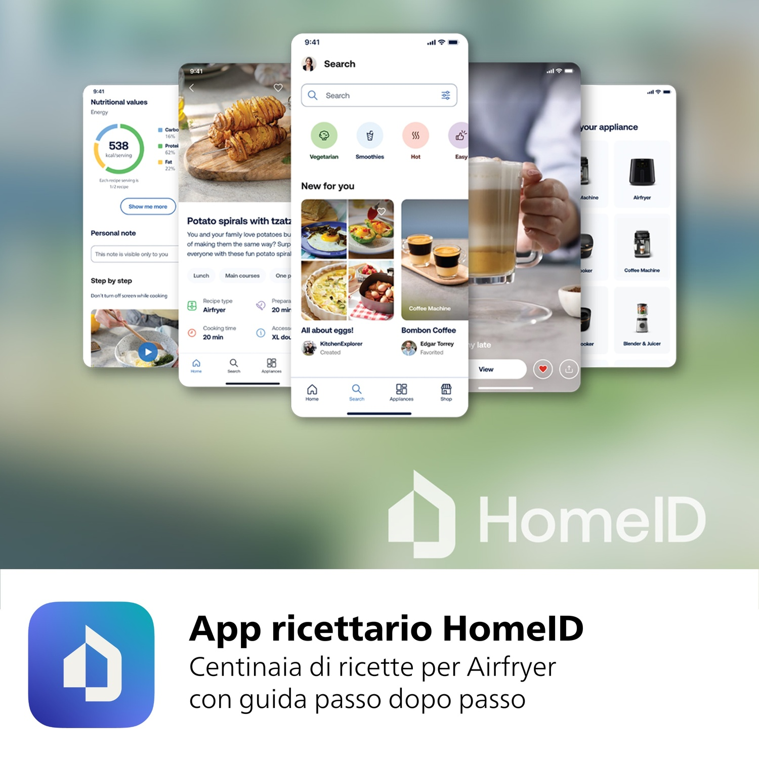 Schermate app con ricette e elettrodomestici. Ricette Airfryer, caffè e frullatori.