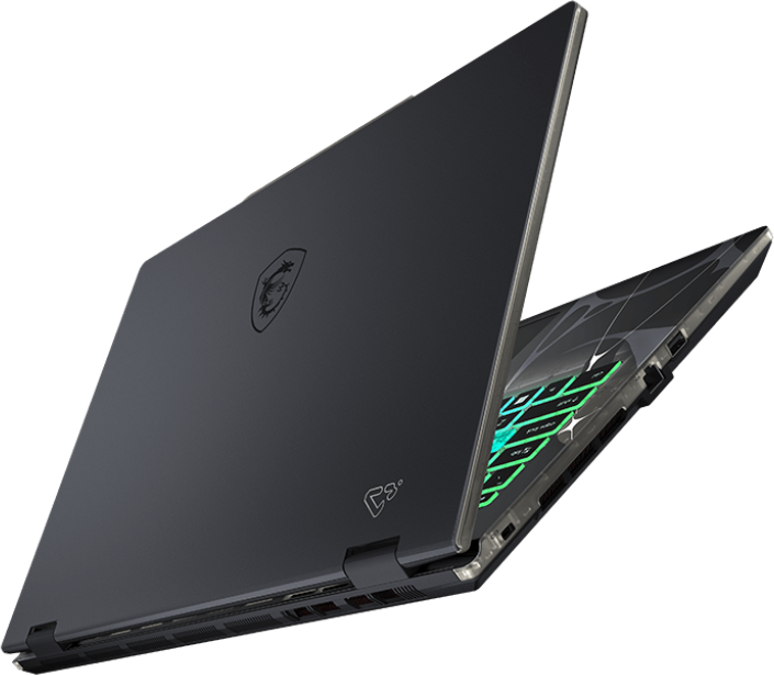 Sötét laptop háttérvilágítású billentyűzettel és MSI logóval.