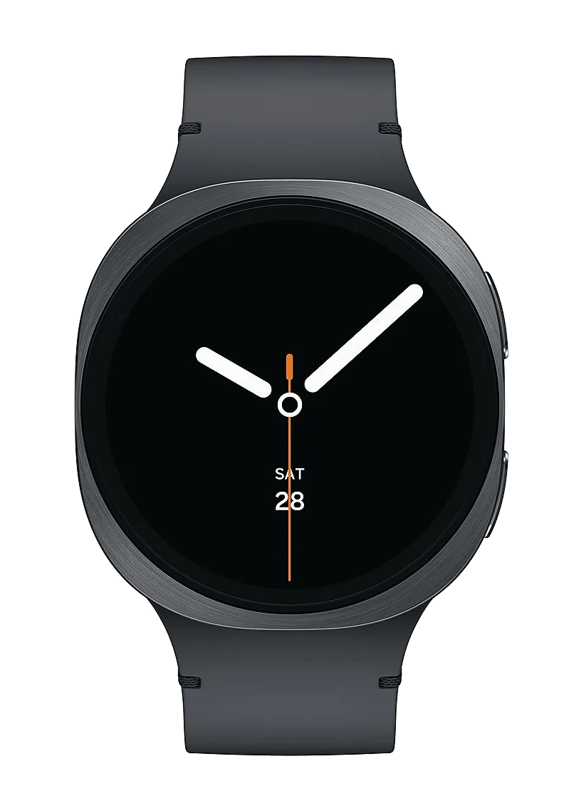 Reloj inteligente gris con pantalla negra que muestra "SÁB 28".