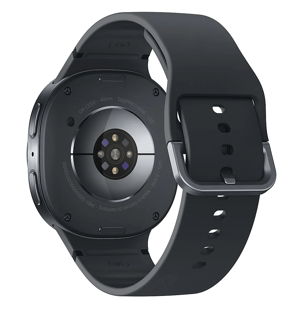 La parte trasera de un reloj inteligente oscuro con correa y sensor.