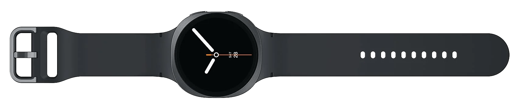Un reloj inteligente oscuro con pantalla digital y correa negra.