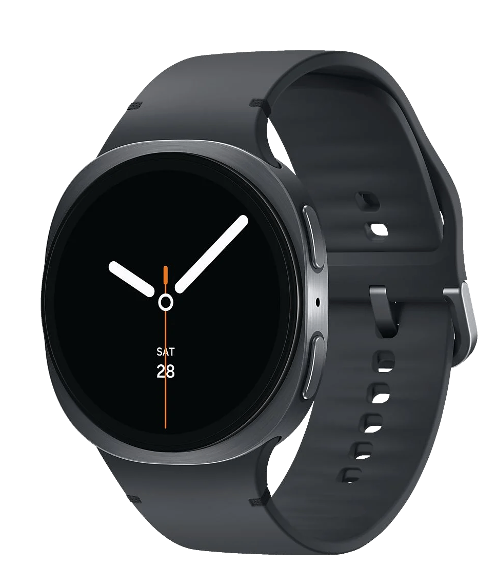 Un reloj inteligente oscuro con correa negra y pantalla digital.