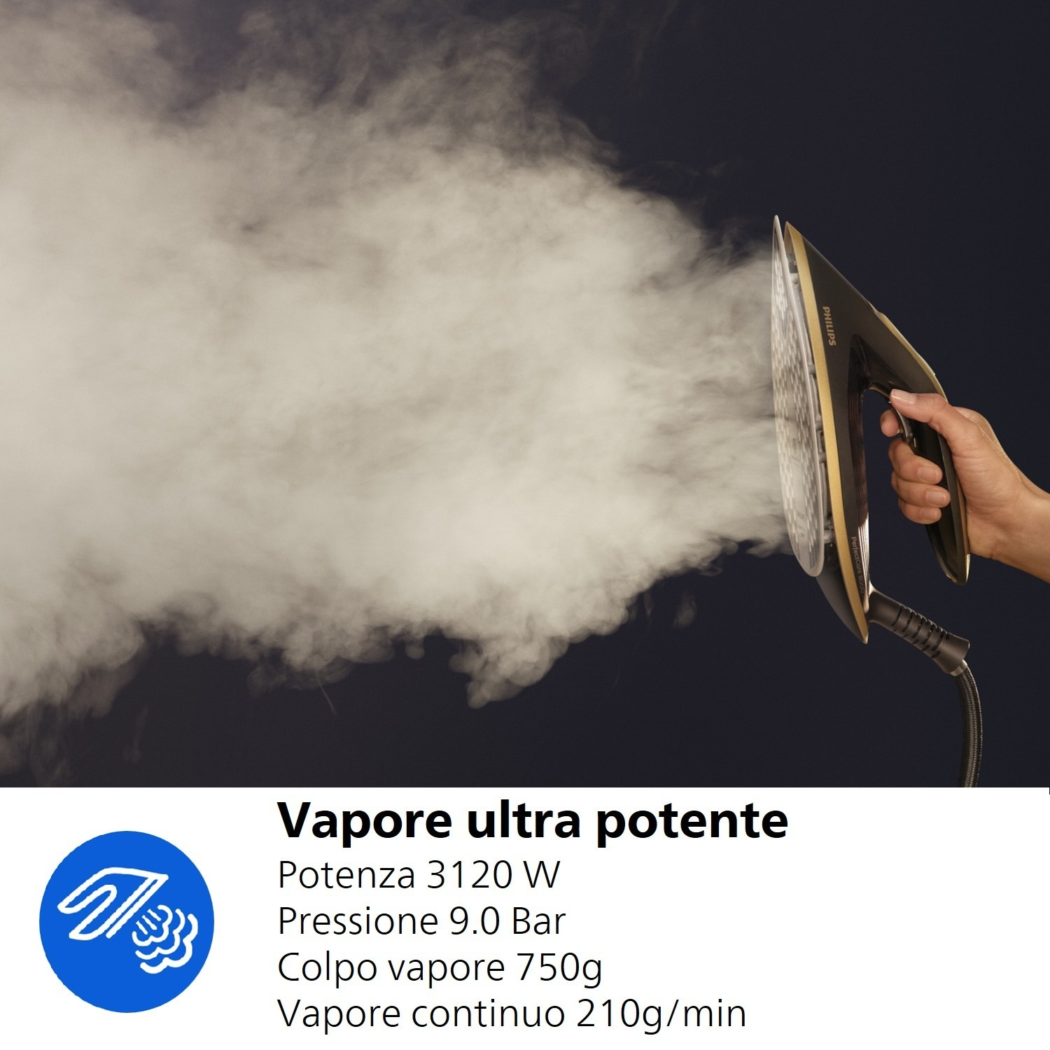 Una mano tiene un ferro da stiro Philips che emette molto vapore.