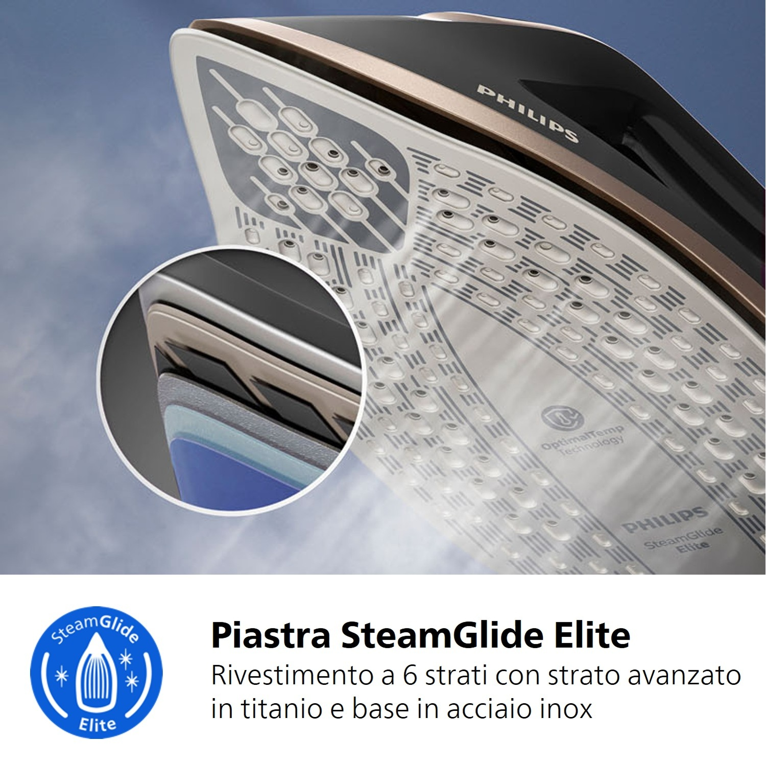 Primo piano della piastra del ferro da stiro a vapore Philips con fori vapore e dettaglio strati.