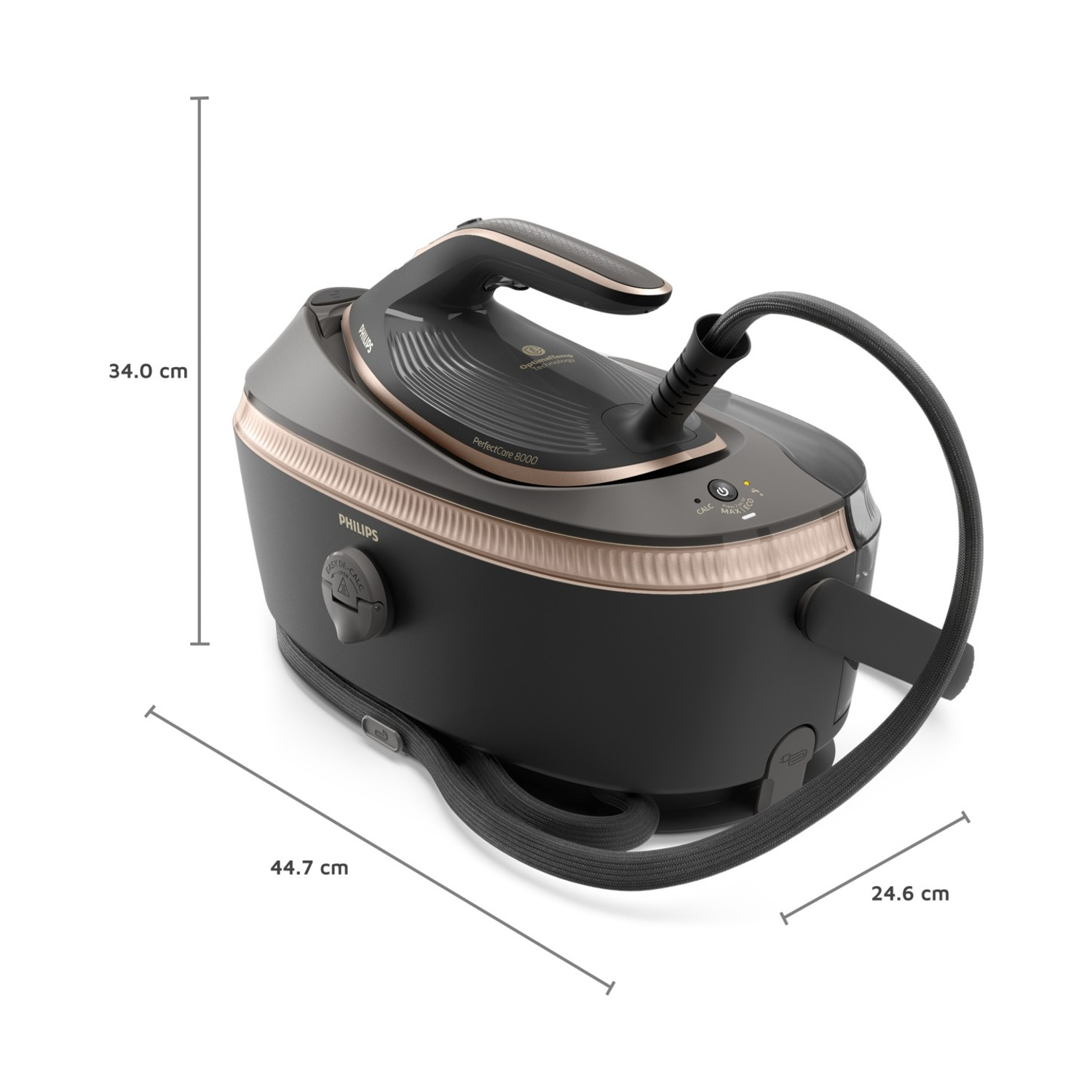 Un ferro da stiro Philips PerfectCare 8000 nero con accenti oro rosa.