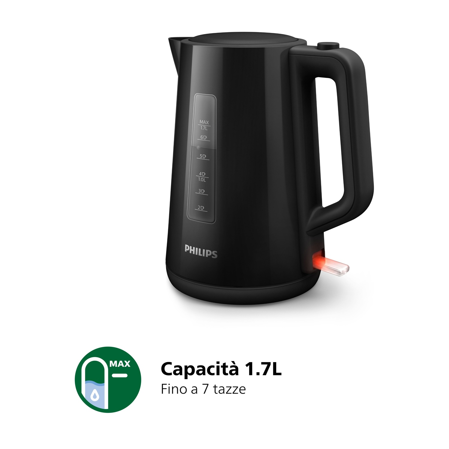 Bollitore elettrico nero con indicatore capacità 1,7L e luce rossa.