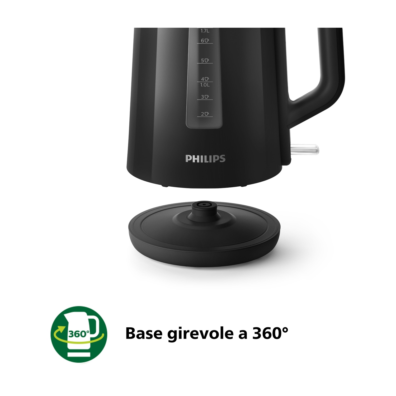 Bollitore Philips nero con base girevole a 360° e indicatore livello acqua.