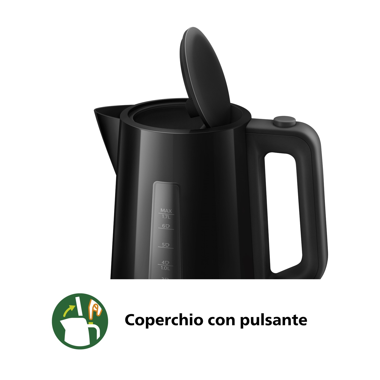 Bollitore nero con coperchio aperto e un pulsante sul manico.