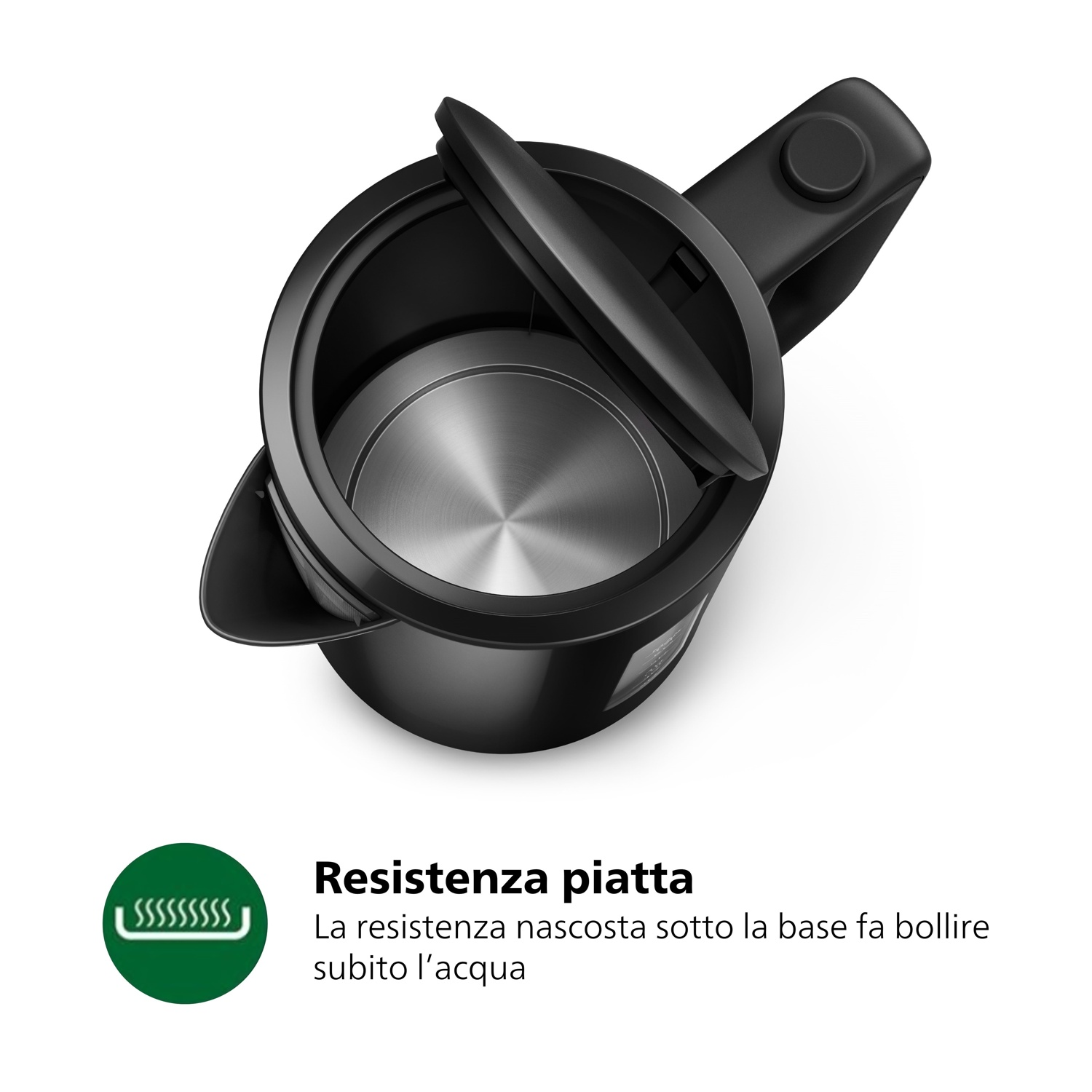 Bollitore elettrico nero con coperchio aperto, interno in acciaio inox.