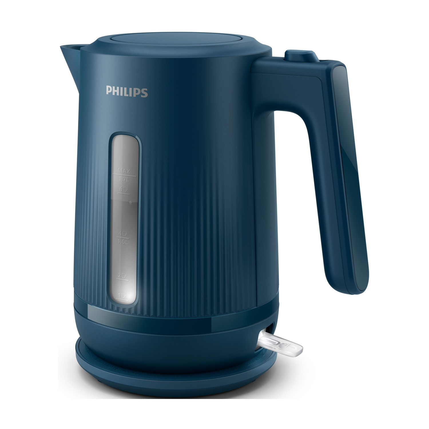 Un bollitore Philips blu navy con motivo a coste e indicatore del livello dell'acqua.