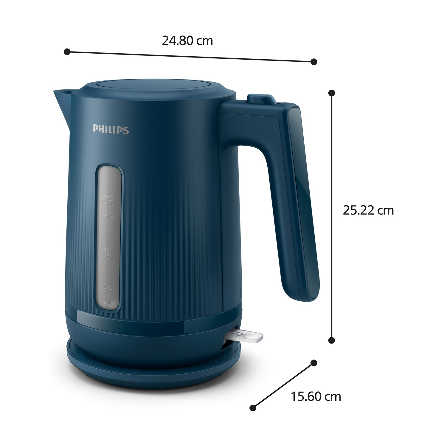 Bollitore Philips blu scuro con dimensioni: 24,80 cm larghezza, 25,22 cm altezza.