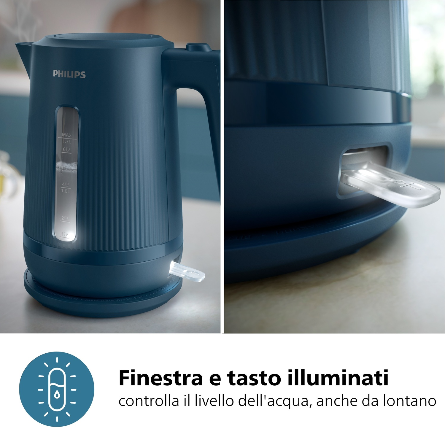 Un bollitore blu Philips con indicatore livello acqua e tasto illuminati.
