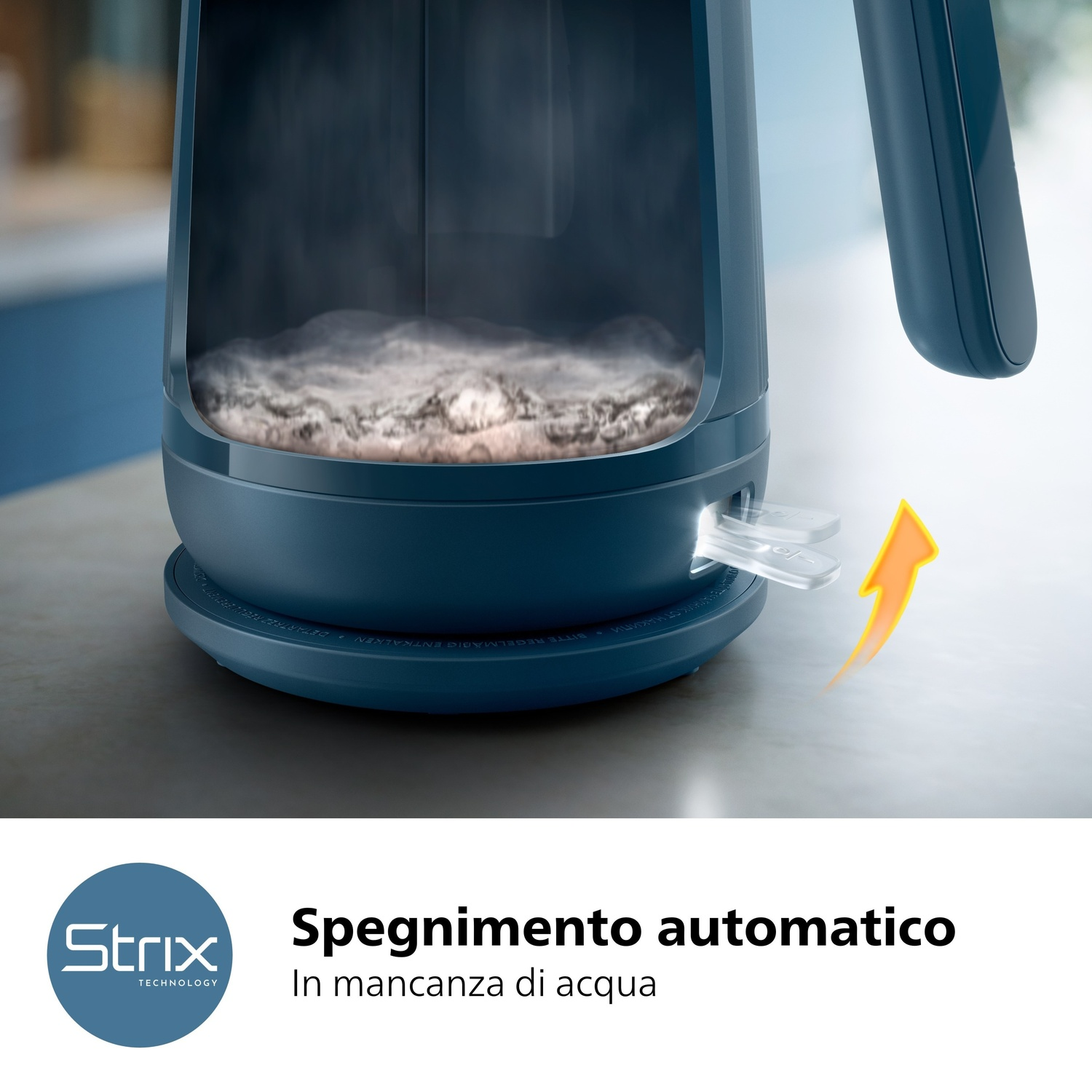 Un bollitore blu che mostra il processo di ebollizione e un indicatore.