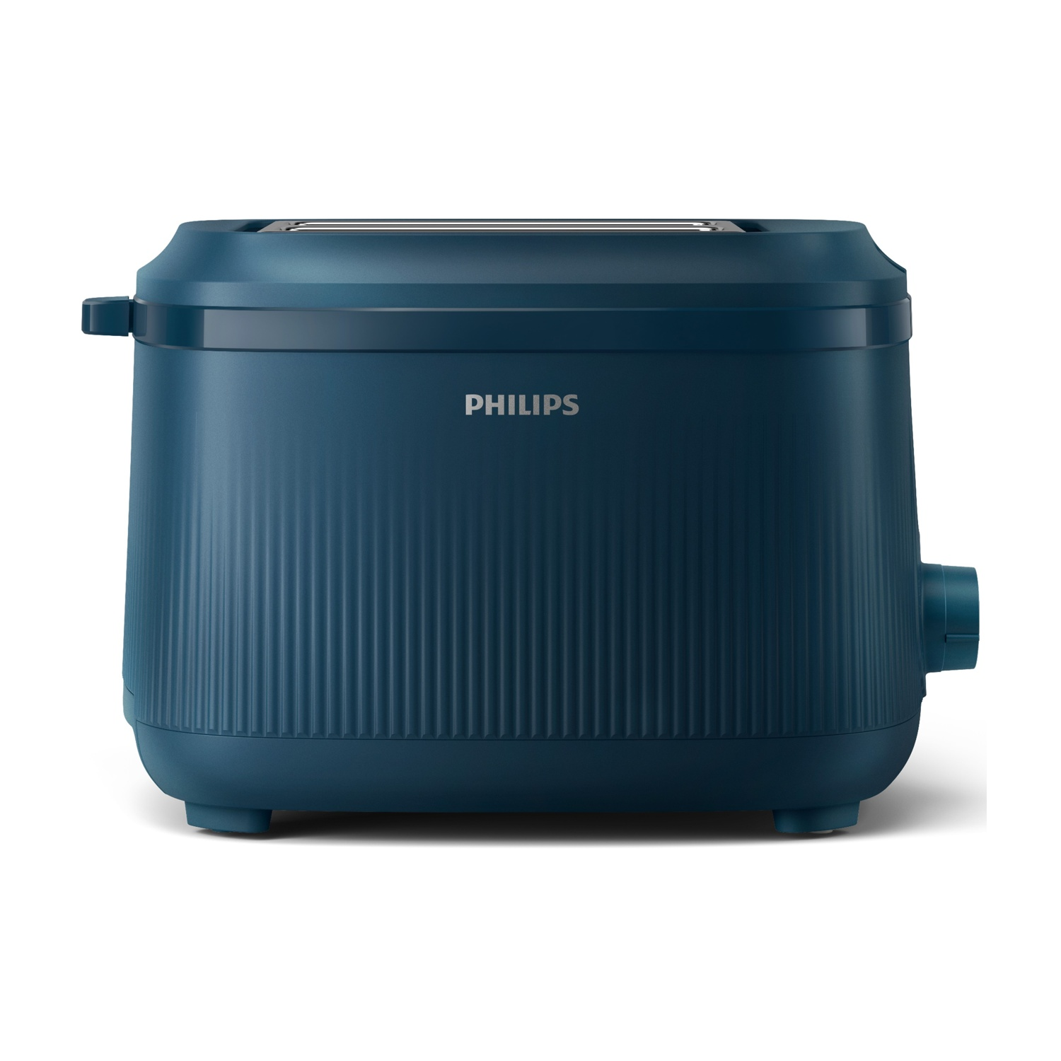 Un tostapane Philips blu scuro con scanalature verticali e accenti cromati.