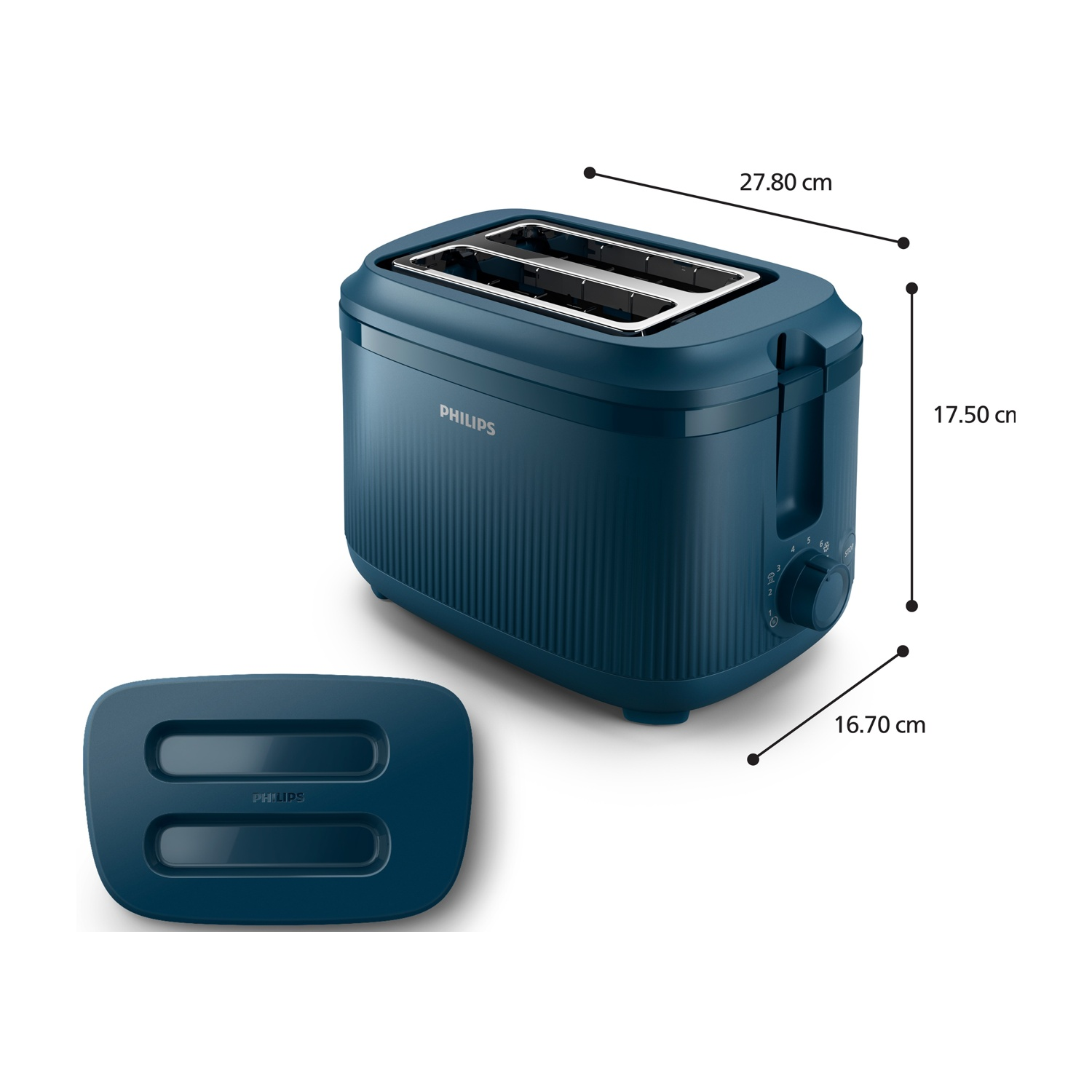 Tostapane Philips blu scuro con vassoio raccoglibriciole e misure.