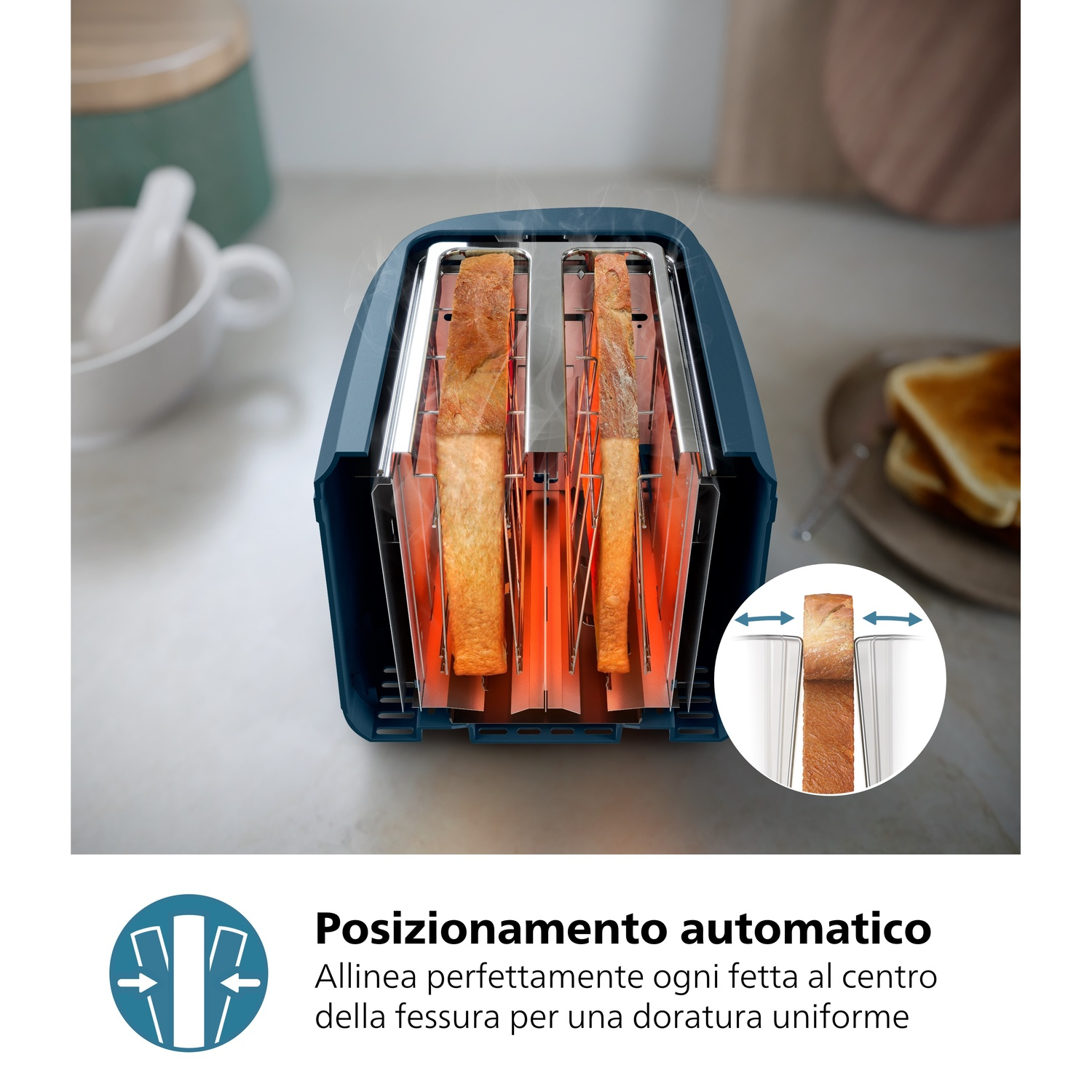Un tostapane blu tosta due fette di pane, che brillano rosse.
