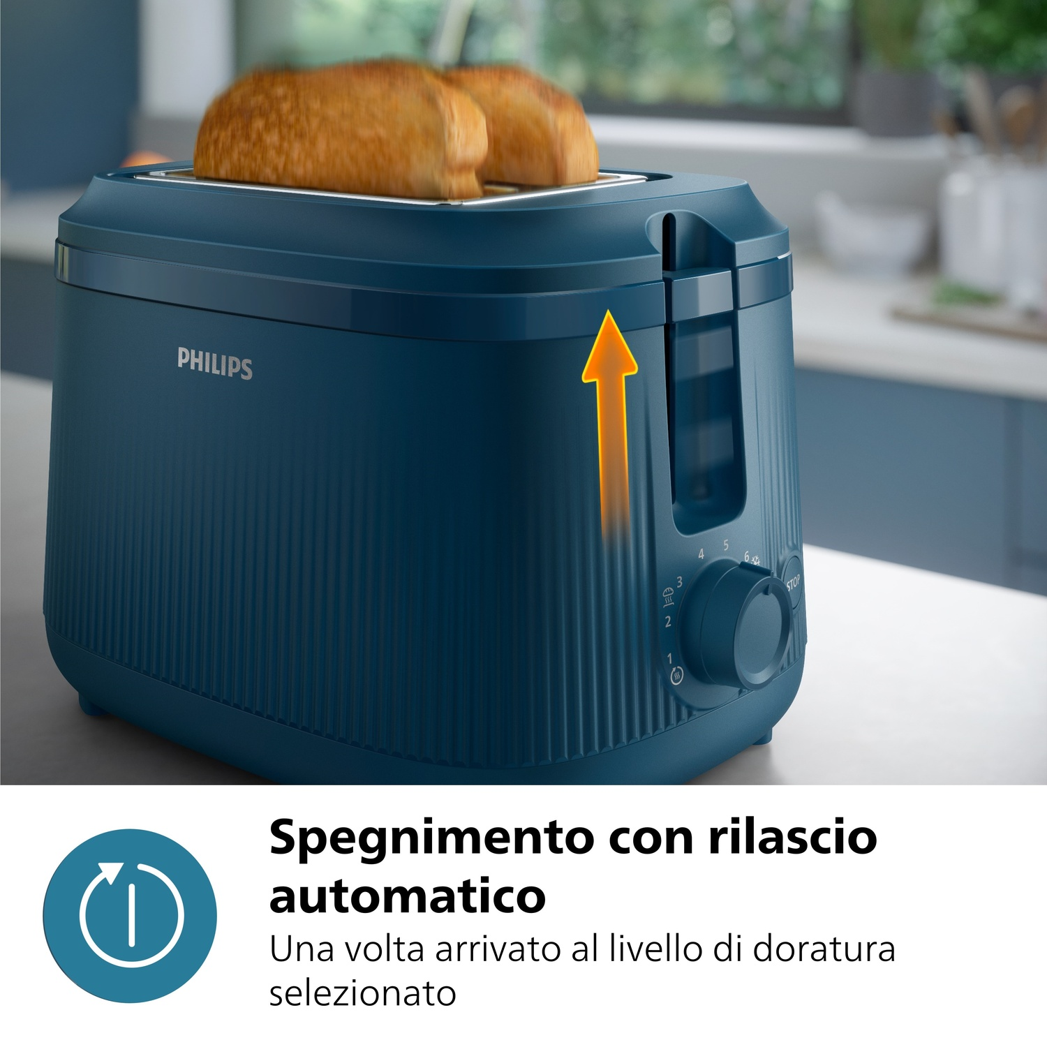 Un tostapane Philips blu con due toast dorati che sporgono.