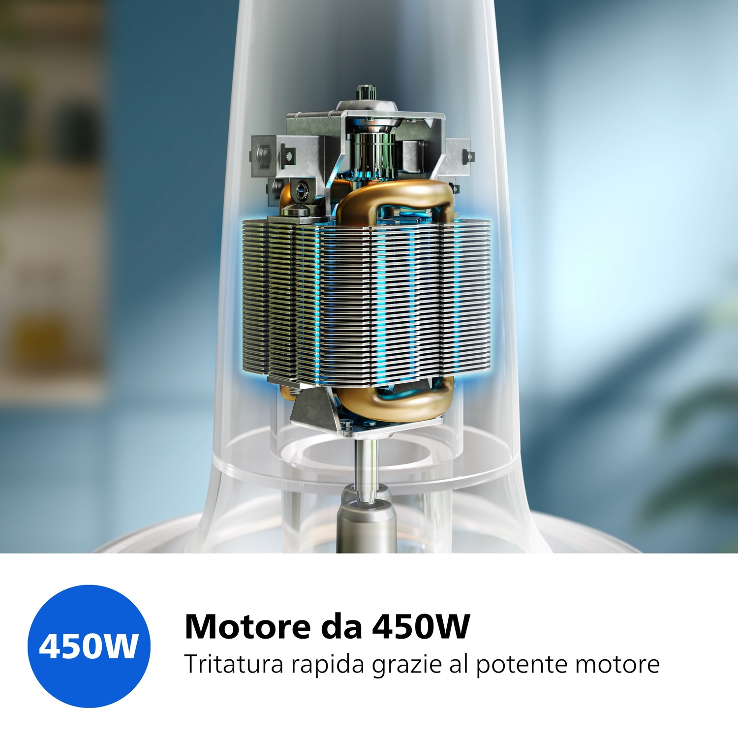 Primo piano di un motore da 450W con componenti dorati e argentati.