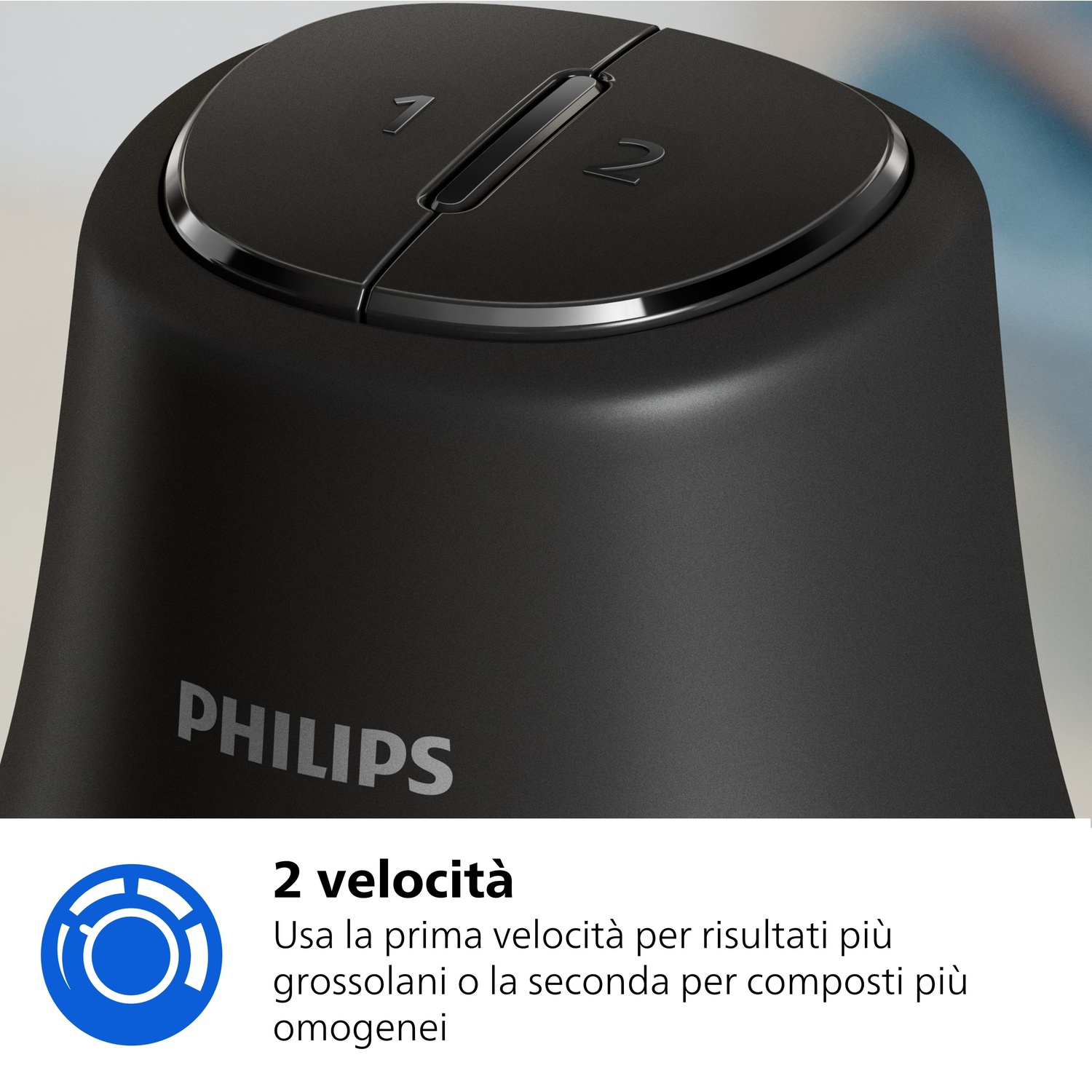 Accessorio mixer nero con selettore velocità "1" e "2" e logo Philips.
