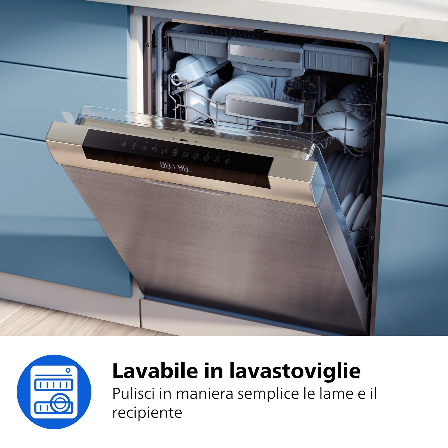 Una lavastoviglie aperta con piatti all'interno e pannello.