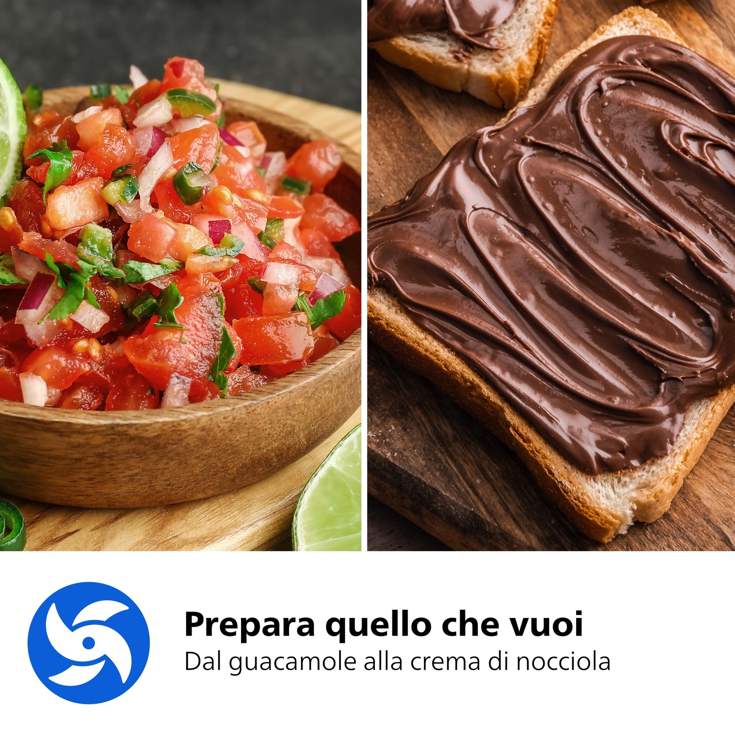 Salsa fresca in ciotola di legno accanto a crema al cioccolato su pane tostato.