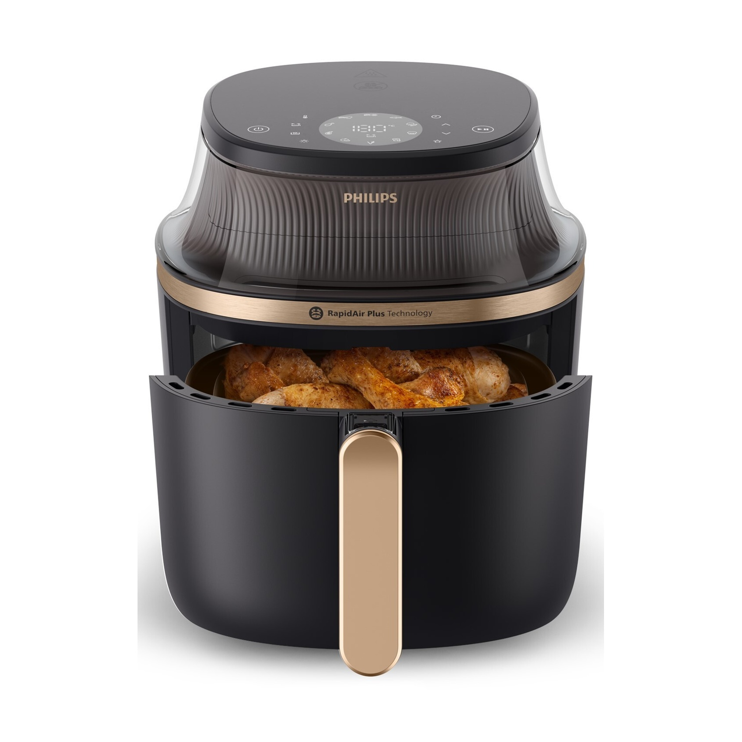 Friggitrice ad aria Philips nera con manico dorato, piena di pollo cotto.