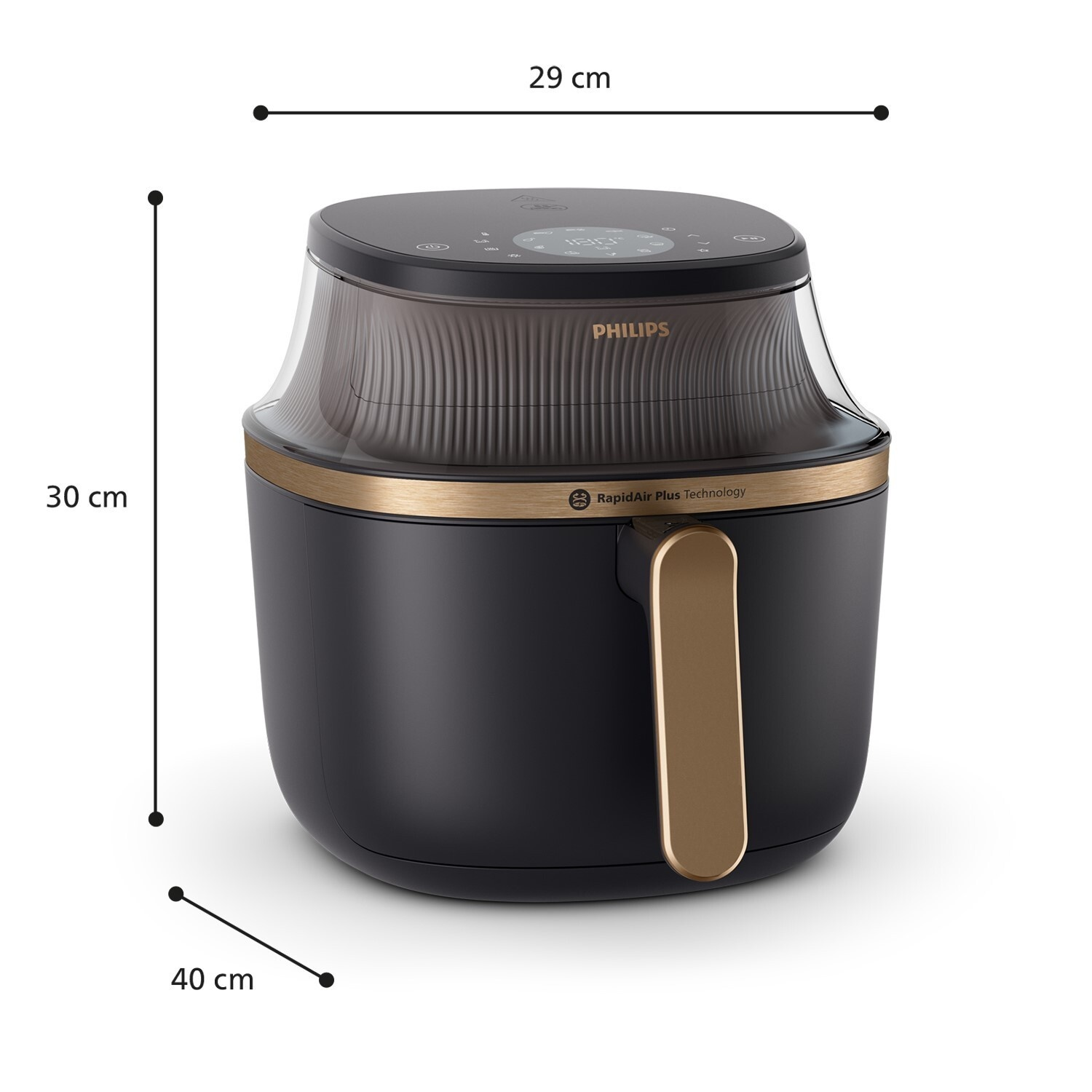 Friggitrice ad aria Philips nera con accenti dorati e display digitale.