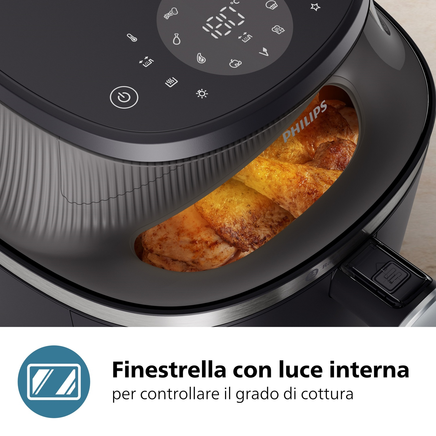 Friggitrice ad aria nera con pollo fritto, finestra e display digitale.