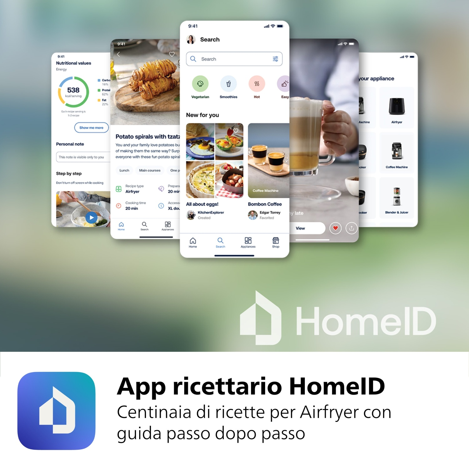 Schermata di un'app che mostra ricette ed elettrodomestici per friggitrice ad aria.