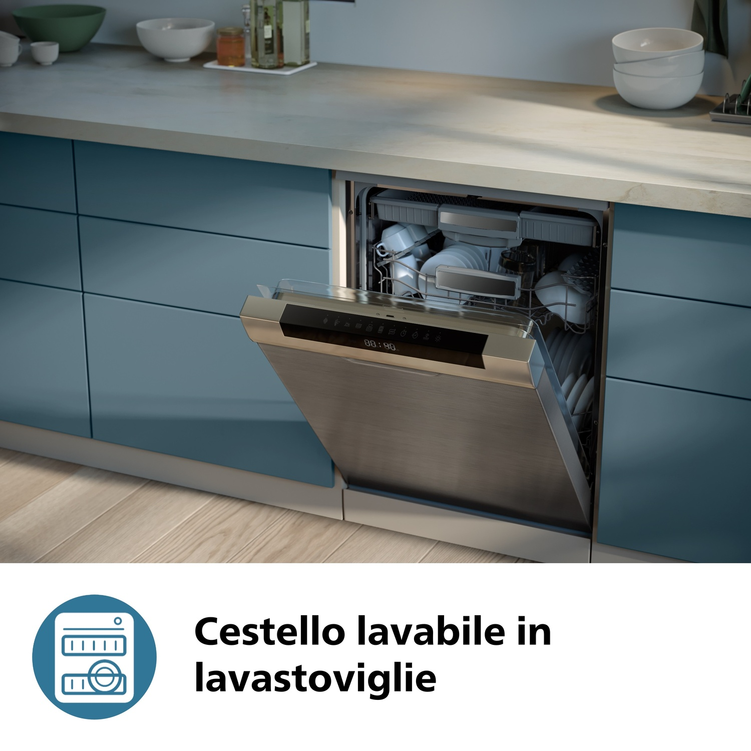 Lavastoviglie aperta con cestelli pieni e pannello frontale argentato.