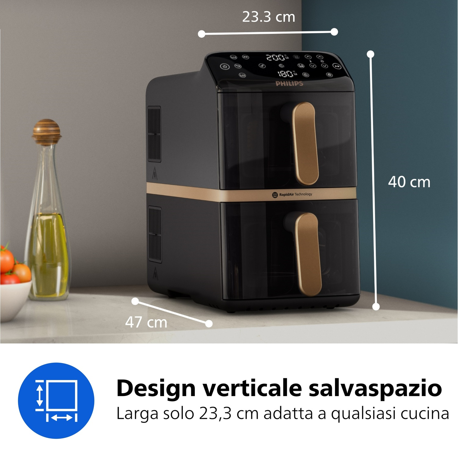 Friggitrice ad aria Philips nera, 23,3x40x47 cm, con manici dorati.