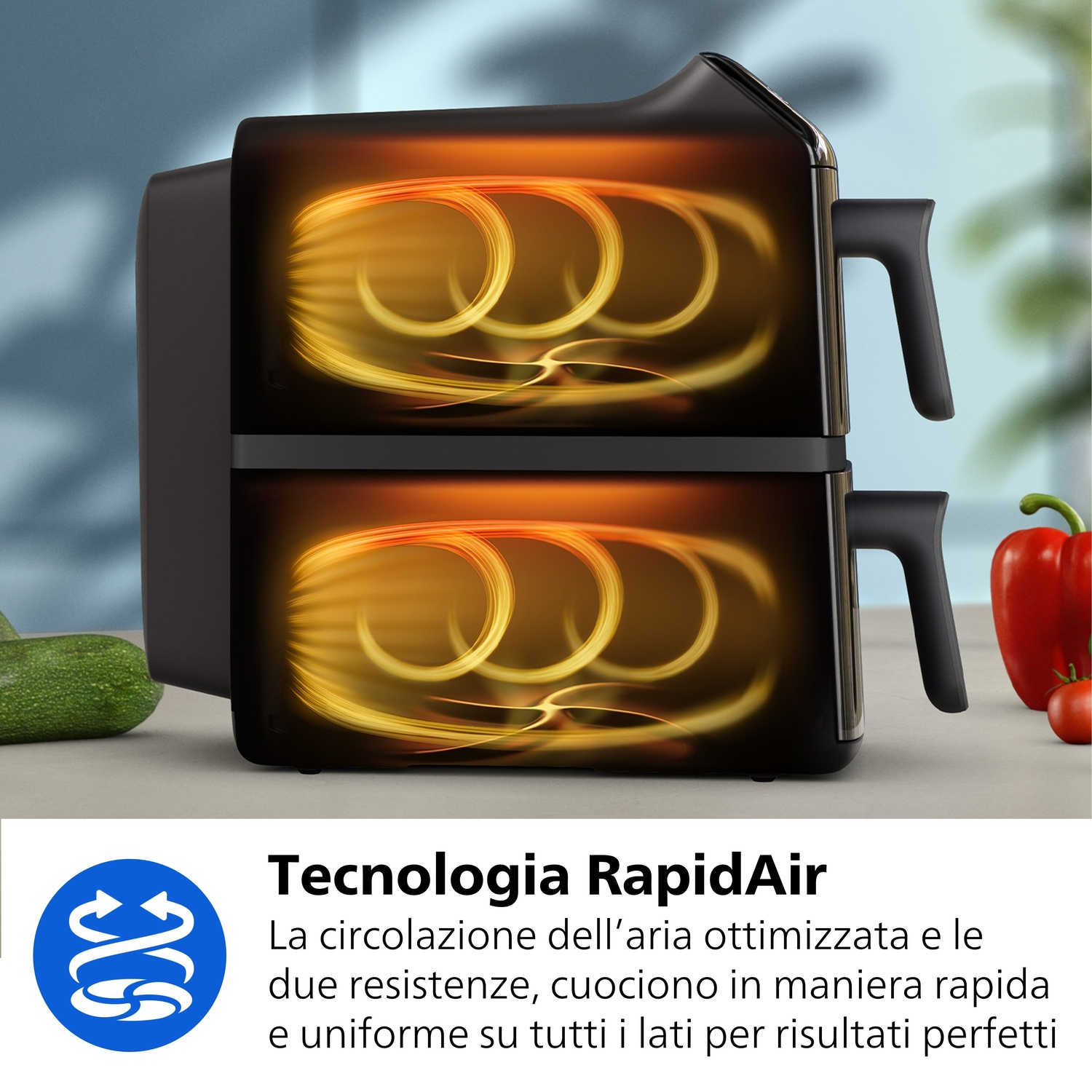 Friggitrice ad aria con elementi riscaldanti luminosi, verdure e testo.