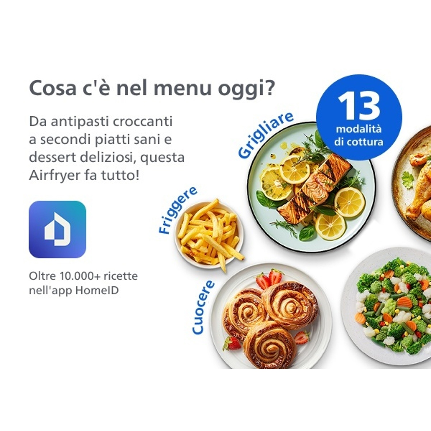 Piatti con salmone, patatine, dolci e verdure. Airfryer con 13 modalità di cottura.