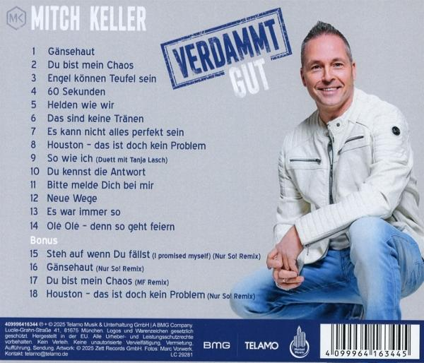Malerische CD-Hülle mit Songliste und Künstler Mitch Keller, rechts ein Mann.