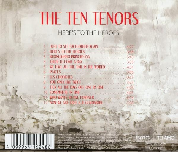 Album-Rückseite: Titel "THE TEN TENORS - HERE'S TO THE HEROES" mit Titelliste.