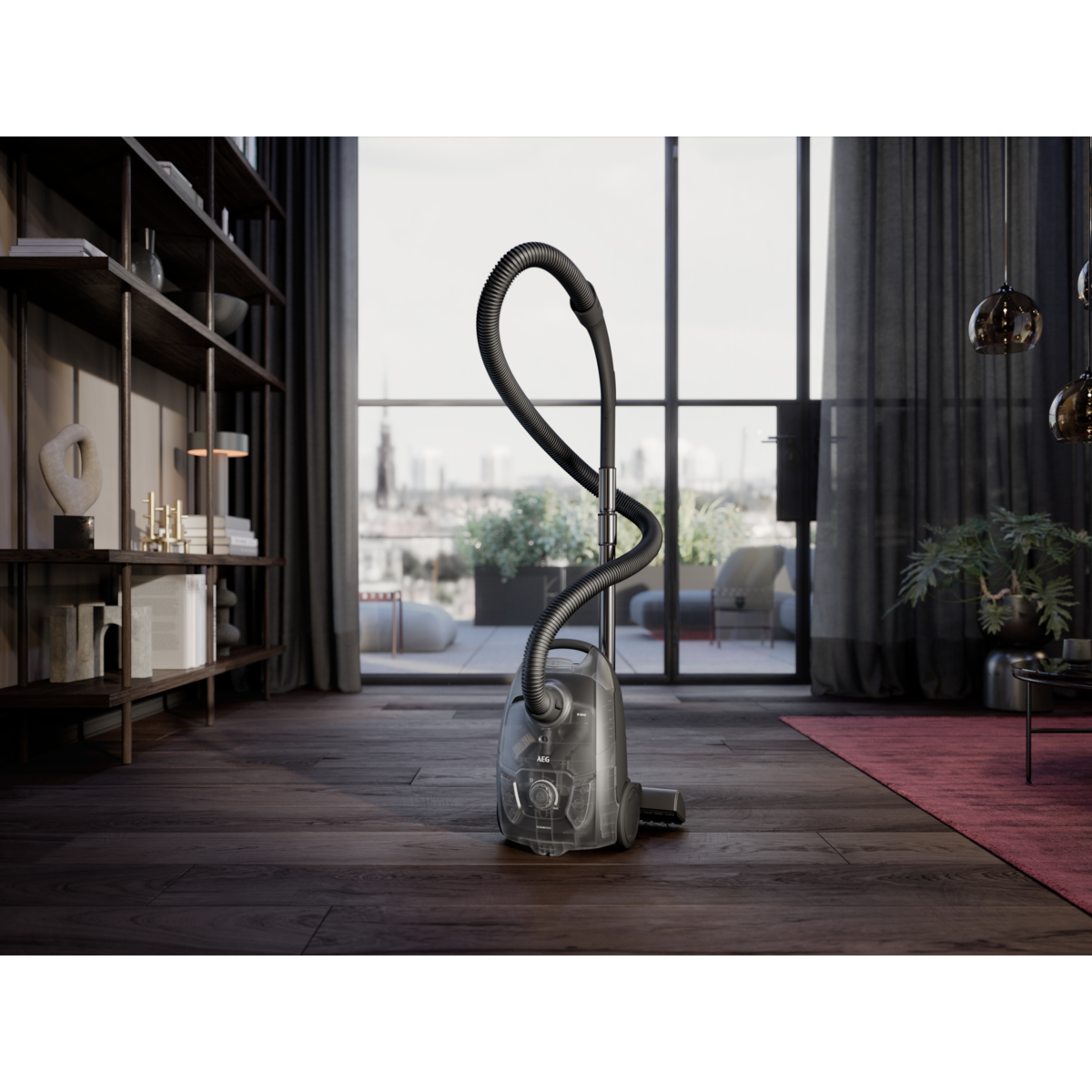 A transparent vacuum cleaner stands in a stylish living room with a wooden floor.