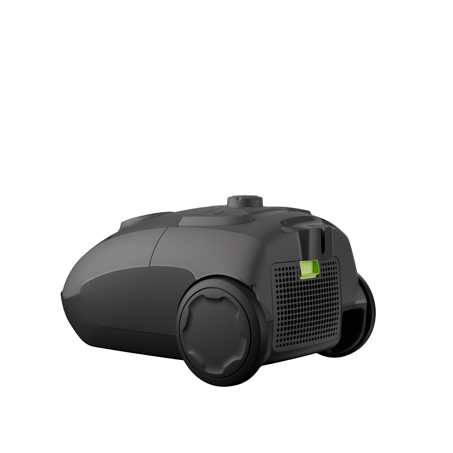 A grey vacuum cleaner with a green accent on a black background.
