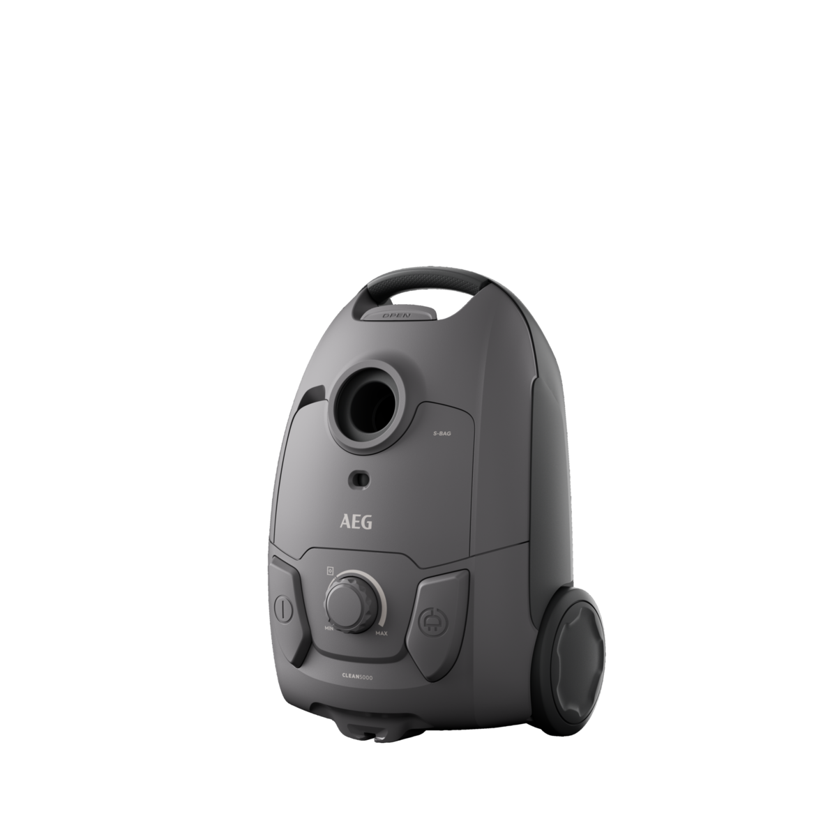 Gray AEG vacuum cleaner with wheel and controls on a black background.