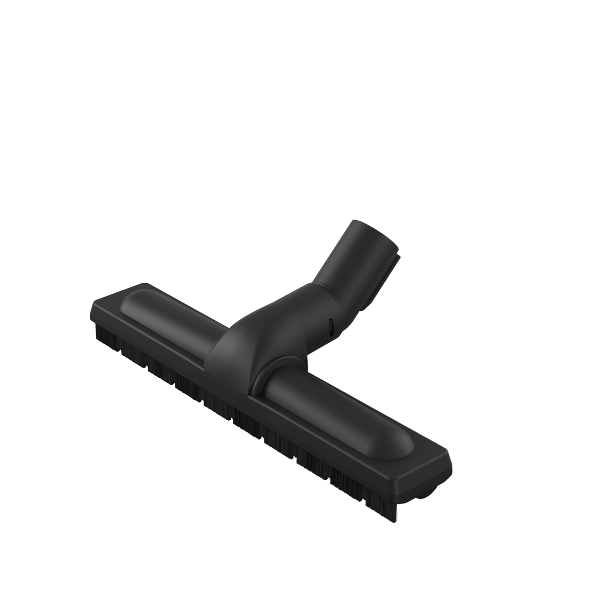 Black vacuum cleaner attachment with brushes, on a black background.